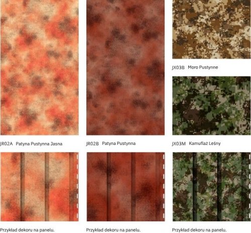 Lamele elewacyjne Budmat - dekory z kolekcji Abstract, patyna pustynna i kamuflaż